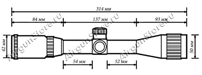 Размеры оптического прицела Nikon 3-9x40 AO Prostaff, длина прицела 314 мм