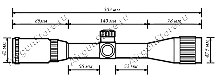 Размеры оптического прицела Bushnell TROPHY 3-9x40, длина прицела 303 мм