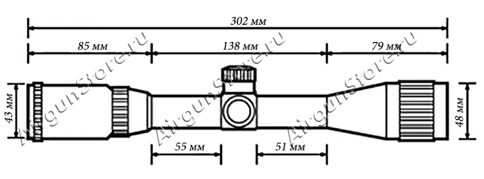 Размеры оптического прицела Bushnell BANNER 3-9x40, длина прицела 302 мм