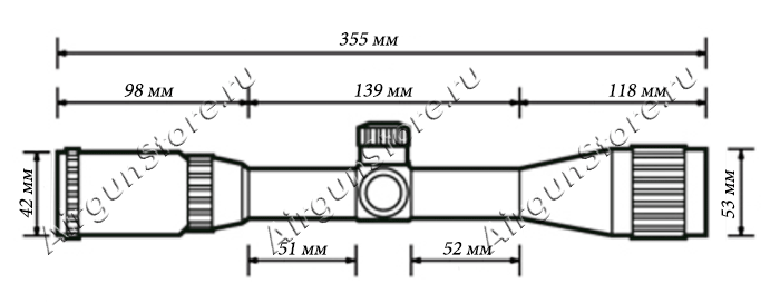
    Размеры оптического прицела Leapers 3-12х44, длина прицела 355 мм
    