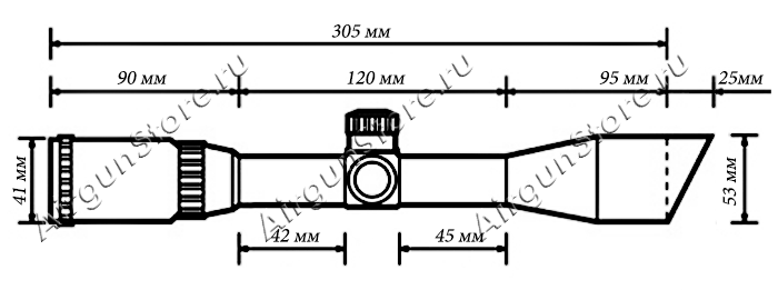 Размеры оптического прицела Leapers 1,5-6x44 с гравированной сеткой, длина прицела 330 мм