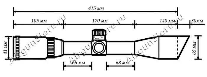 
    Размеры оптического прицела  Leapers 8-32x56 (SCP3-UG832AOIEW), длина прицела 445 мм
    