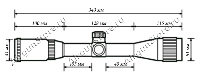Размеры оптического прицела Leapers 3-9x40, длина прицела 343 мм
