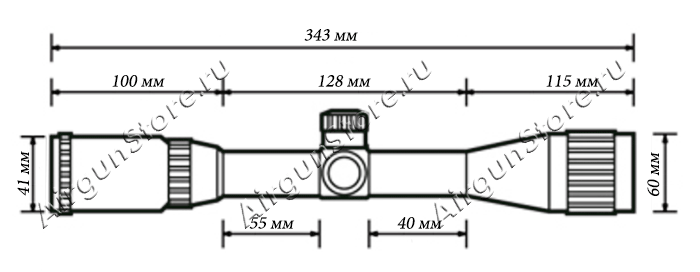 Размеры оптического прицела Leapers 3-9x50, длина прицела 343 мм
