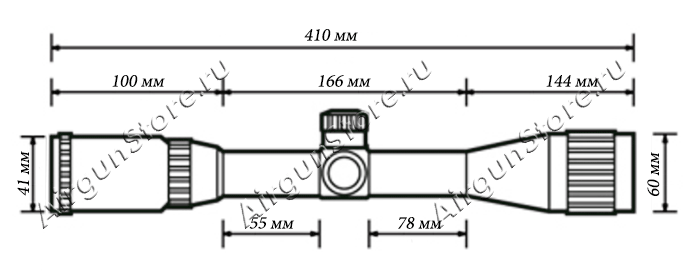 Размеры оптического прицела Leapers 6-24x50, длина прицела 410 мм