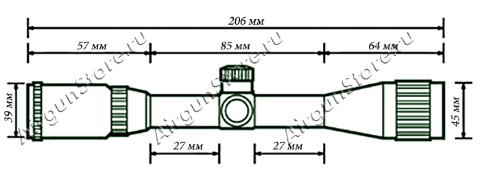 
    Размеры оптического прицела Leapers 3-9х32, длина прицела 206 мм
    