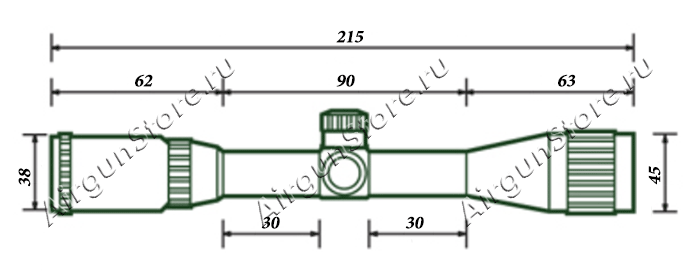 
    Размеры оптического прицела Leapers 4x32, длина прицела 215 мм
    