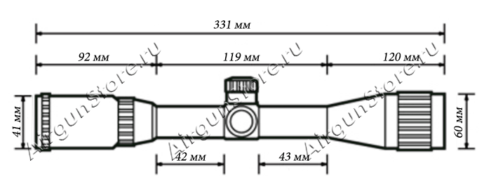 
    Размеры оптического прицела Leapers 3-9x50, длина прицела 331 мм
    