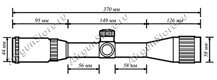 Размеры оптического прицела Patriot P5-20x44AOEM, длина прицела 395 мм