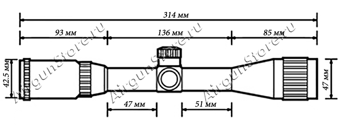 Размеры оптического прицела Patriot 3-9x32 (P3-9x32AOL), длина прицела 314 мм    