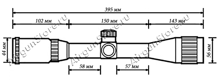 Размеры оптического прицела Patriot P4-16x40AOEG, длина прицела 395 мм    