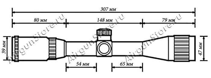 Размеры оптического прицела Patriot (Patrict™) 6x40, длина прицела 307 мм