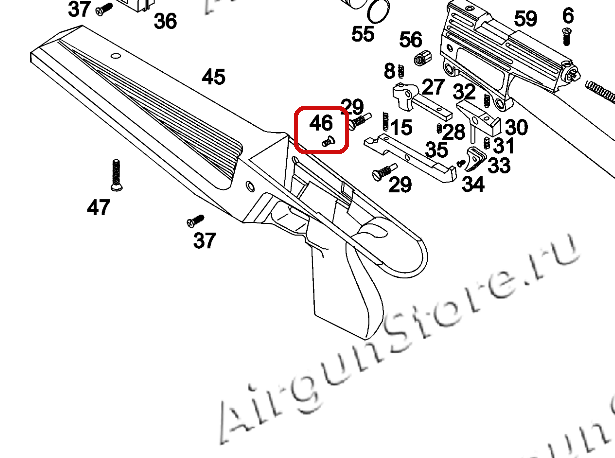 Шуруп крепления цевья (ложи) для пневматической винтовки MP-60/61, правый, оригинал [52674], деталь увеличено