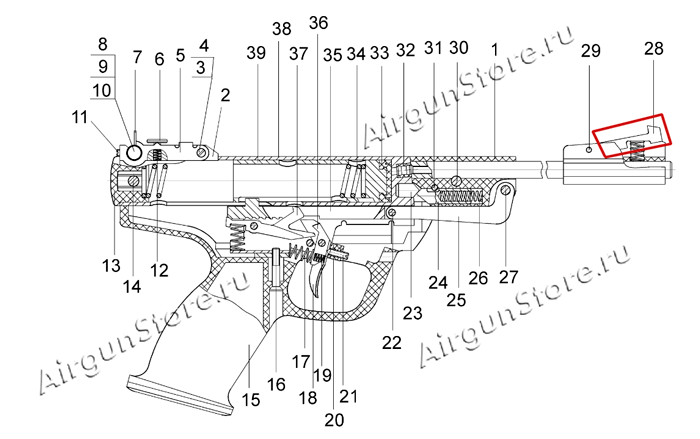 Взрыв-схема пневматического пистолета ИЖ-53