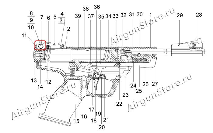 Взрыв-схема пневматического пистолета ИЖ-53M