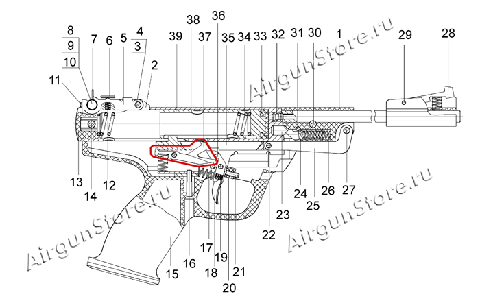 Взрыв-схема пневматического пистолета ИЖ-53