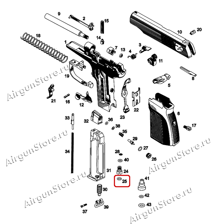 Взрыв-схема пневматического пистолета MP-654K. Подбаллонная прокладка МР-654К, (ЕИФЮ.713171.003-01), оригинал [82601] на схеме