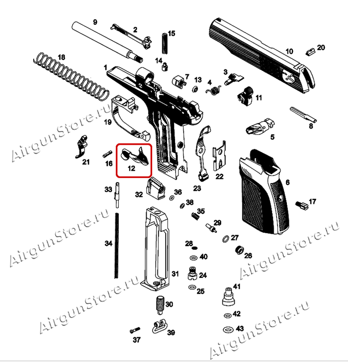 Взрыв-схема пневматического пистолета MP-654К