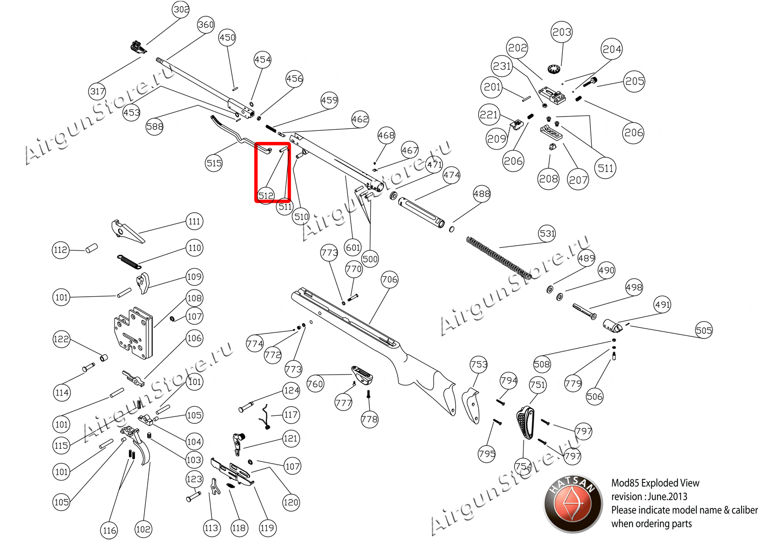 Взрыв-схема винтовки Hatsan 85 (июнь 2013 г)